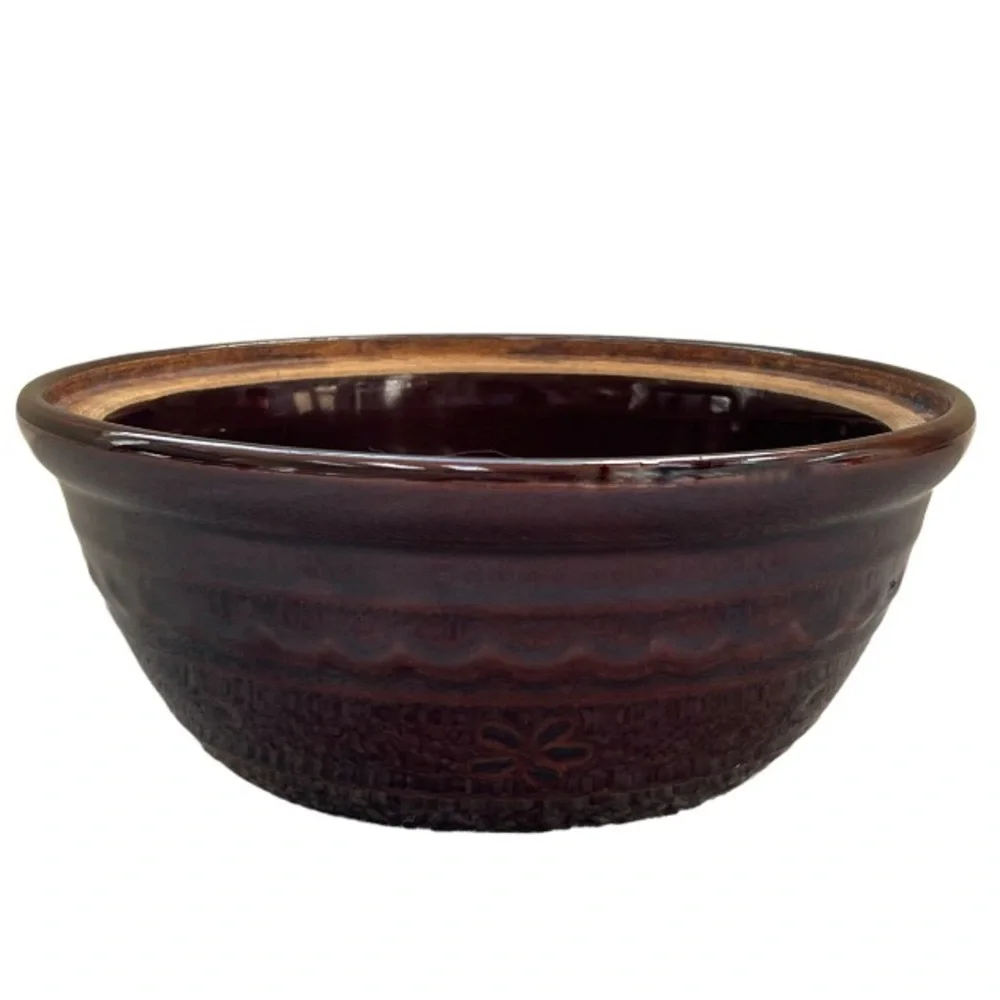 Vintage MarCrest Pottery Brown Stoneware Floral Mixing Bowl Antique Home Decor
